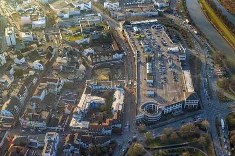 Aerial view, Allee-Center shopping centre with parking deck and Ritterpassage construction site