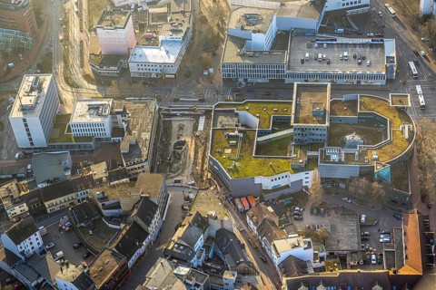 Aerial view, construction site Westentor at the City Centre, elevated bunker Neue Bahnhhofstraße,