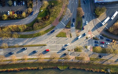 Aerial view, road traffic intersection Hafenstraße and Westring federal road B63, centre, Hamm,
