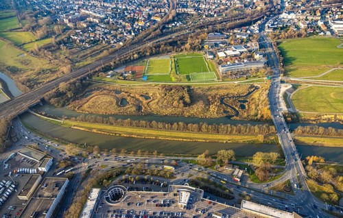Aerial view, football stadium sports facility at HAMTEC industrial estate, river Lippe and