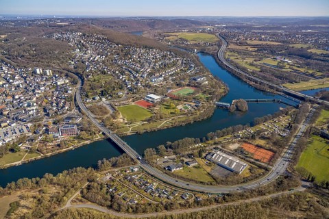 Aerial view, view of town and river Ruhr with Ruhr bridge Herdecke, sports and leisure centre
