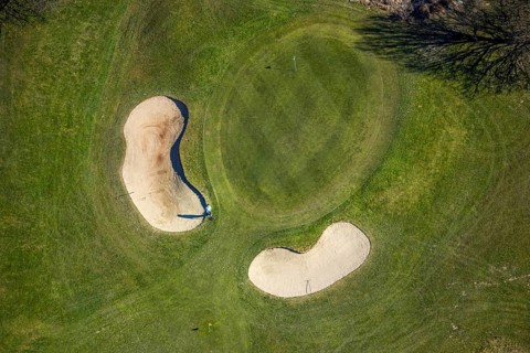 Aerial view, golfing in Herdecke, golf player on the golf course and bunker, Ostend, Herdecke, Ruhr
