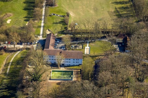 Aerial view, education centre Herdecke, football pitch, Ostender Weg, Ostende, Herdecke, Ruhr area,