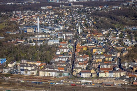 Aerial view, city centre with Alleestraße and railway tracks at the main station, on the left the