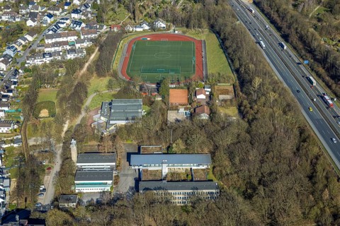 Aerial view, sports field football stadium Sportgemeinschaft Vorhalle 09 Fußball e.V., Vorhalle,
