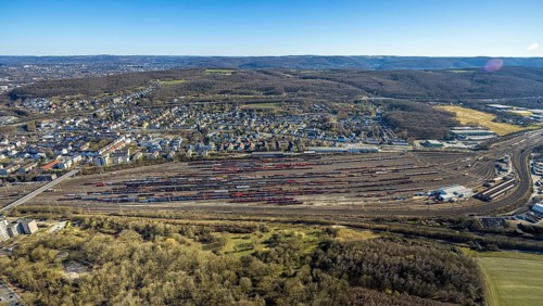 Aerial view, Vorhalle marshalling yard and railway tracks, Vorhalle residential area, Vorhalle,