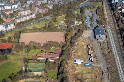 Aerial view, Haspe district sports centre, Haspe sports club, Haspe, Hagen, Ruhr area, North