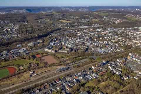 Aerial view, district sports centre Haspe, Haspe sports club, view of Haspe, Haspe, Hagen, Ruhr