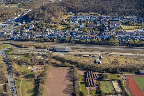 Aerial view, AREA52 GmbH Hagen on the railway line and Waldstraße residential area at the Haspe