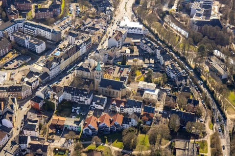 Aerial view, residential area Kölner Straße and Talstraße, Haspe Protestant Church, Hagen, Ruhr