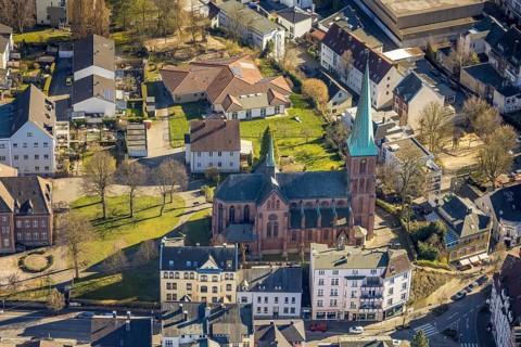 Aerial view, St Bonifatius Catholic Church, Haspe, Hagen, Ruhr area, North Rhine-Westphalia,