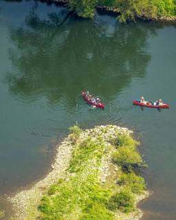 Aerial view, canoeist on the river Ruhr, Hattingen, Ruhr area, North Rhine-Westphalia, Germany, DE,