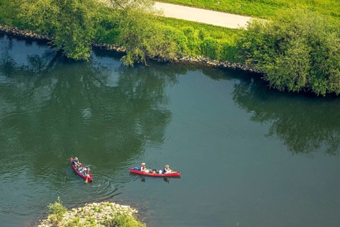 Aerial view, canoeist on the river Ruhr, ruhr-kanu.de, Hattingen, Ruhr area, North