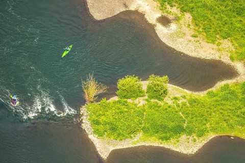 Aerial view, kayaker on the river Ruhr and rapids, Hattingen, Ruhr area, North Rhine-Westphalia,