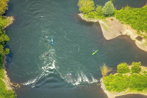 Aerial view, kayaker on the river Ruhr and rapids, Hattingen, Ruhr area, North Rhine-Westphalia,