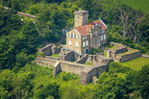 Aerial view, Isenburg (Isenberg Castle), castle ruins on the Isenberg, Hattingen, Ruhr area, North
