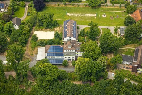 Aerial view, Beluga (sturgeon), roof with solar panels, Hattingen, Ruhr area, North
