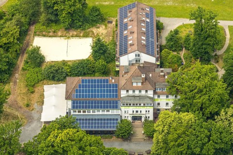 Aerial view, Beluga (sturgeon), roof with solar panels, Hattingen, Ruhr area, North