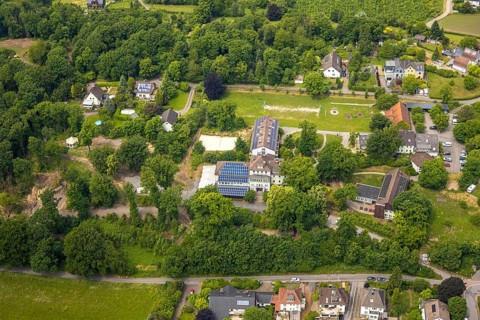 Aerial view, Beluga (sturgeon), roof with solar panels, Hattingen, Ruhr area, North