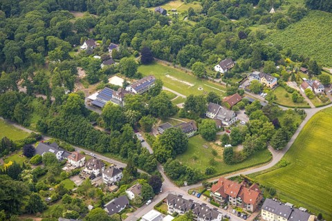 Aerial view, Beluga (sturgeon), roof with solar panels, Hattingen, Ruhr area, North