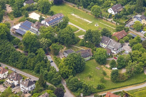 Aerial view, Beluga (sturgeon), roof with solar panels, Hattingen, Ruhr area, North