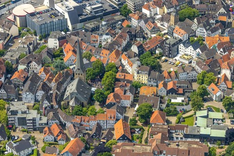 Aerial view, historic old town centre with St.-Georg-Kirche and city festival on the church square,