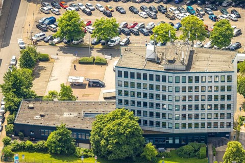Aerial photo, tax office and car park, Hattingen, Ruhr area, North Rhine-Westphalia, Germany,