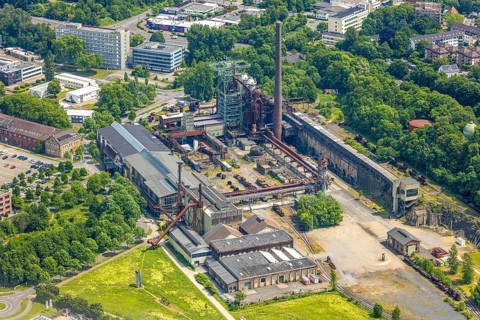 Aerial view, LWL-Museum Henrichshütte and former blast furnace, Hattingen, Ruhr area, North