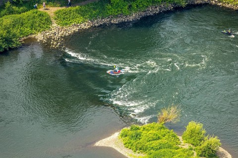 Aerial view, kayaker on the river Ruhr and rapids, Hattingen, Ruhr area, North Rhine-Westphalia,
