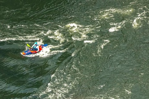 Aerial view, kayaker on the river Ruhr and rapids, Hattingen, Ruhr area, North Rhine-Westphalia,