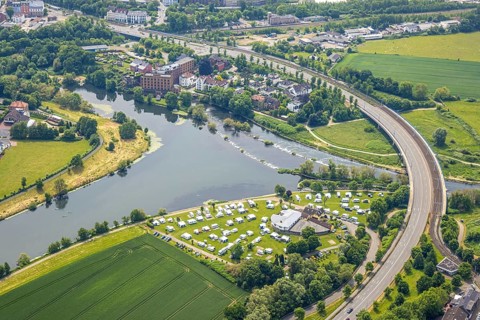 Aerial view, Ruhrbrücke Bochumer Straße, Campingplatz Ruhrbrücke, Ruhr-Wehr mit Bootsgasse und