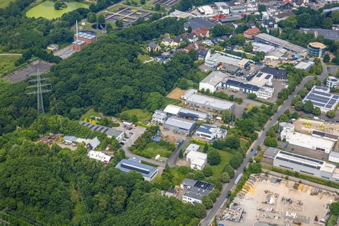 Aerial view, commercial area Beuler Höhe, Rosenthal, Hattingen, Ruhr area, North Rhine-Westphalia,