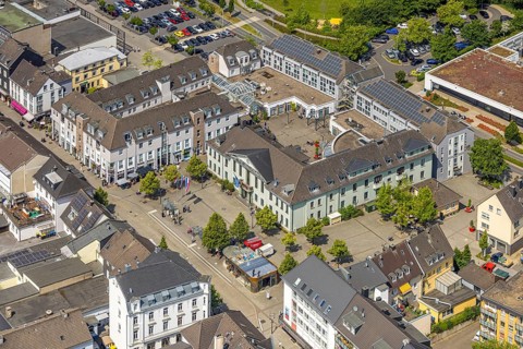 Aerial view, town hall city administration and RathausCenter shopping centre, Leubeck,