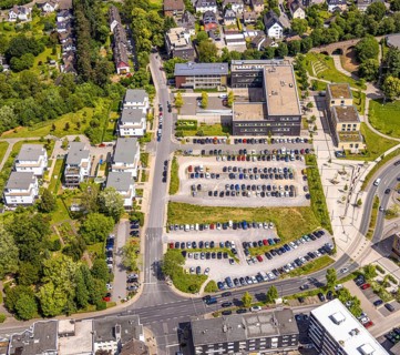 Aerial view, Campus Velbert/Heiligenhaus university and car parks, new residential area Am