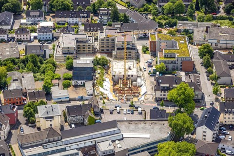 Aerial view, retirement home Domizil Heiligenhaus am Südring, construction site Frankenstraße