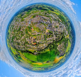 Residential area local view Heiligenhaus centre, earth globe, fisheye shot, 360 degree shot, tiny