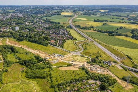 Aerial view, construction site new motorway construction section of the A44, gap closure between