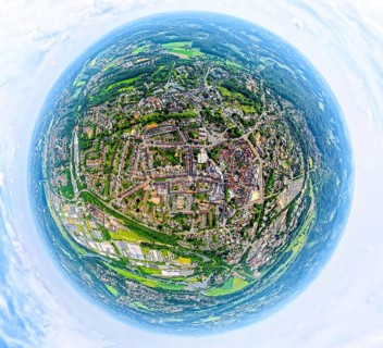Aerial view, city centre and old town with red roofs, globe, fisheye image, fisheye image, 360