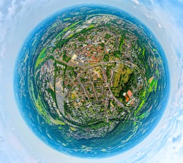 Aerial view, city centre and old town with red roofs, globe, fisheye image, fisheye image, 360