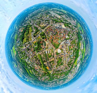 Aerial view, city centre and old town with red roofs, globe, fisheye image, fisheye image, 360