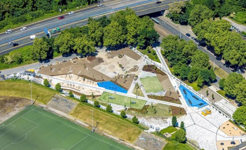 Aerial view, Ernst-Kuzorra-Platz construction site and redesign of the sports garden at the