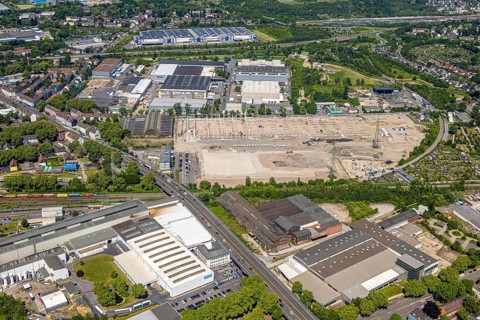Aerial view, industrial park Gewerbegebiet Berliner Brücke and construction site with new building,