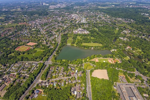 Aerial view, Berger See and neighbouring Schloss Berge with castle park, moated castle and hotel,
