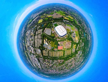 Aerial view, Berger Feld, Schalke Arena Park with Veltins Arena football stadium, globe, fisheye