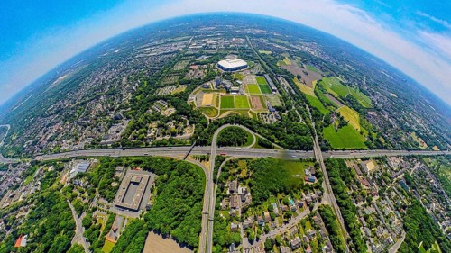 Aerial view, Berger Feld, Schalke Arena Park with Veltins Arena football stadium, A2 motorway and