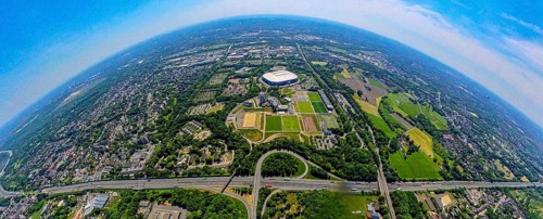 Aerial view, Berger Feld, Schalke Arena Park with Veltins Arena football stadium, A2 motorway and