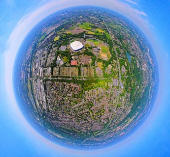 Aerial view, Berger Feld, Schalke Arena Park with Veltins Arena football stadium, globe, fisheye