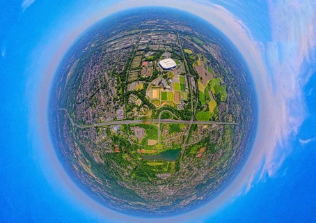 Aerial view, Berger Feld, Schalke Arena Park with Veltins Arena football stadium, globe, fisheye