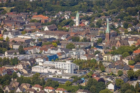 Aerial view, city centre view with Evangelical Lutheran Church of Christ and Catholic Church of St.