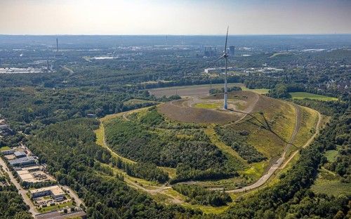 Aerial view, Mottbruchhalde with wind turbine and distant view, Brauck, Gladbeck, Ruhr area, North